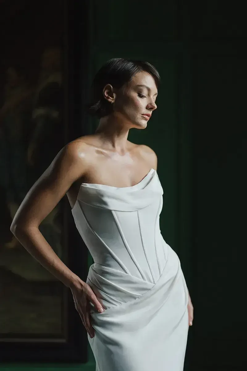 Model wearing a designer dress
