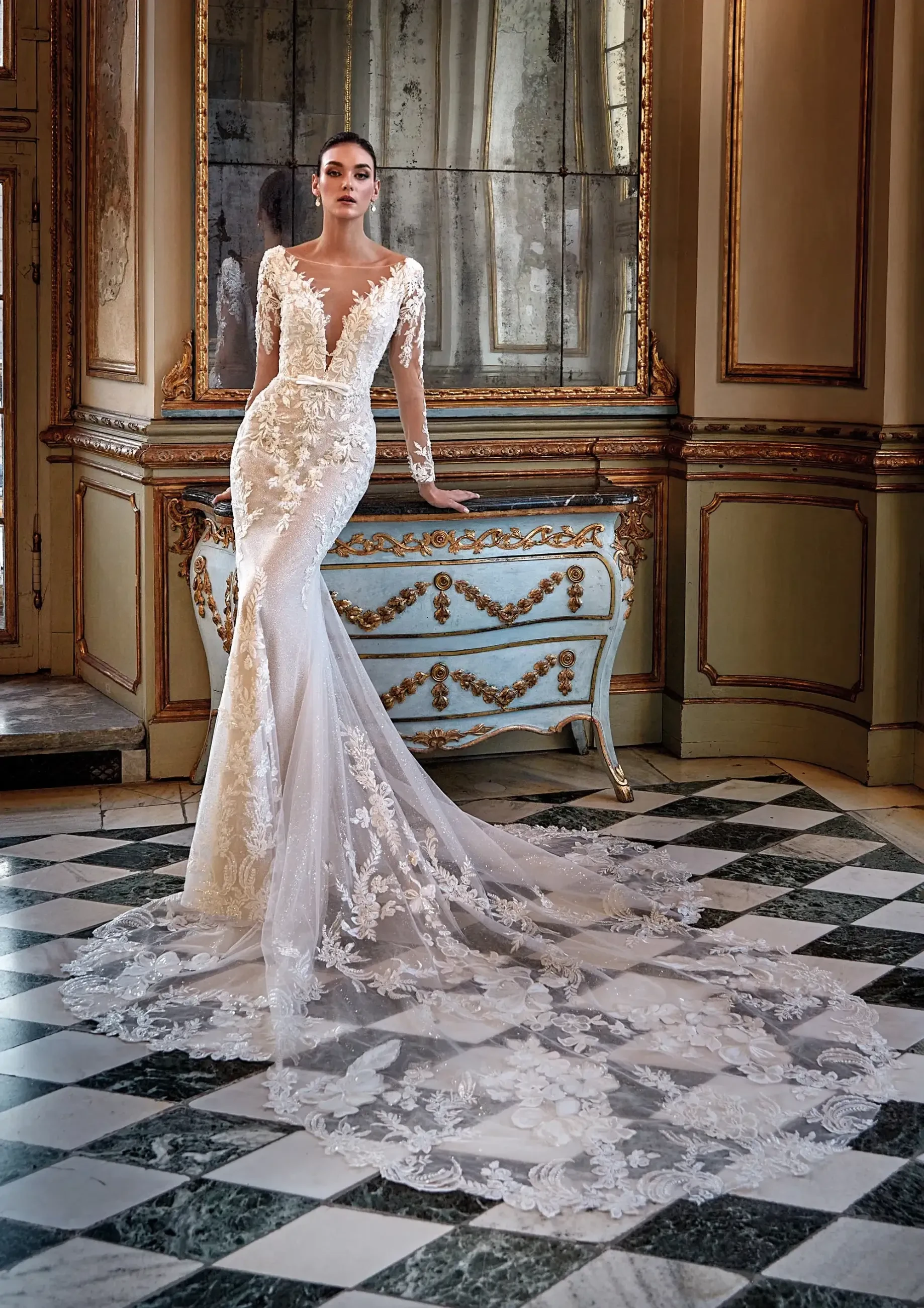 Model wearing a designer dress