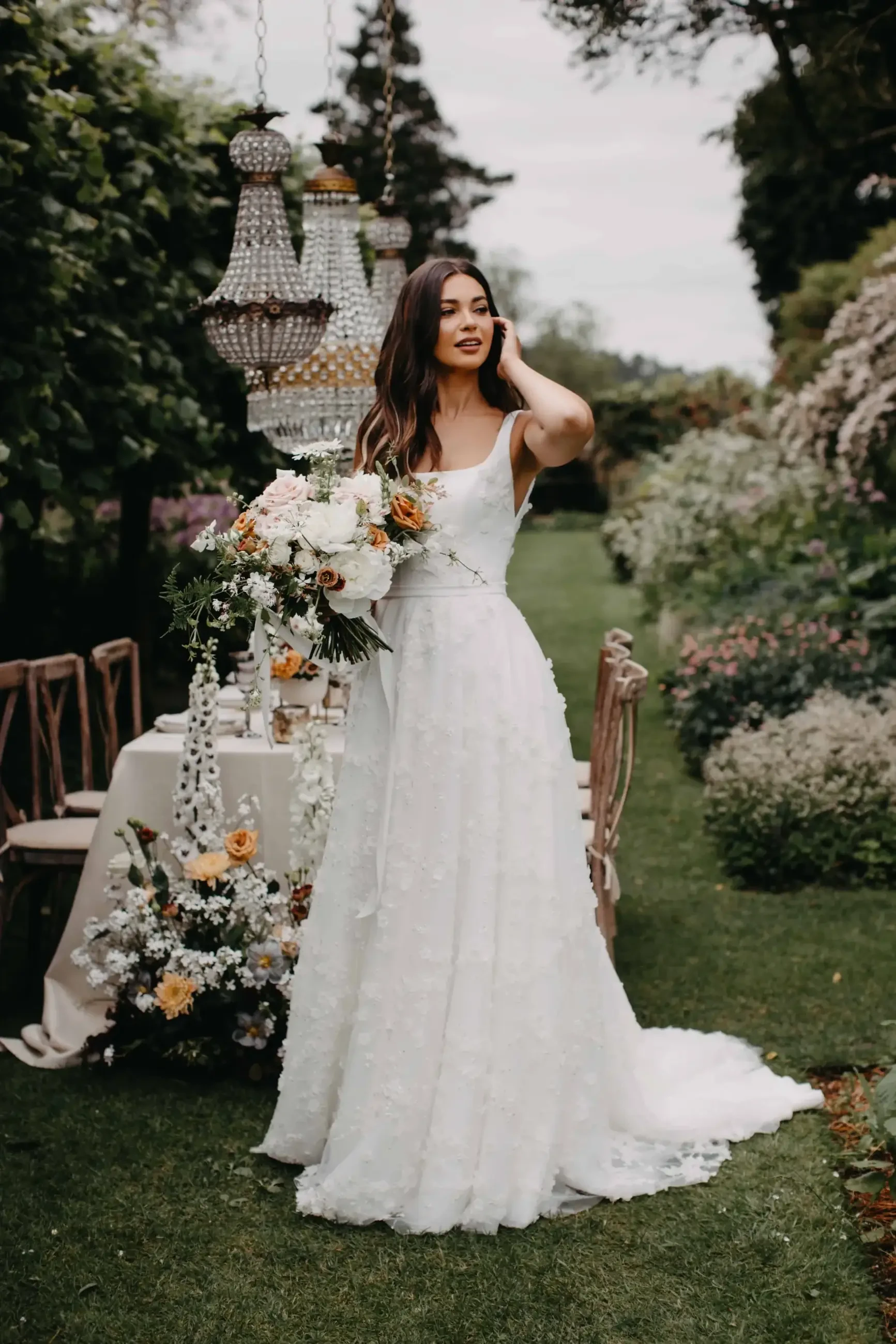 Model wearing a designer dress