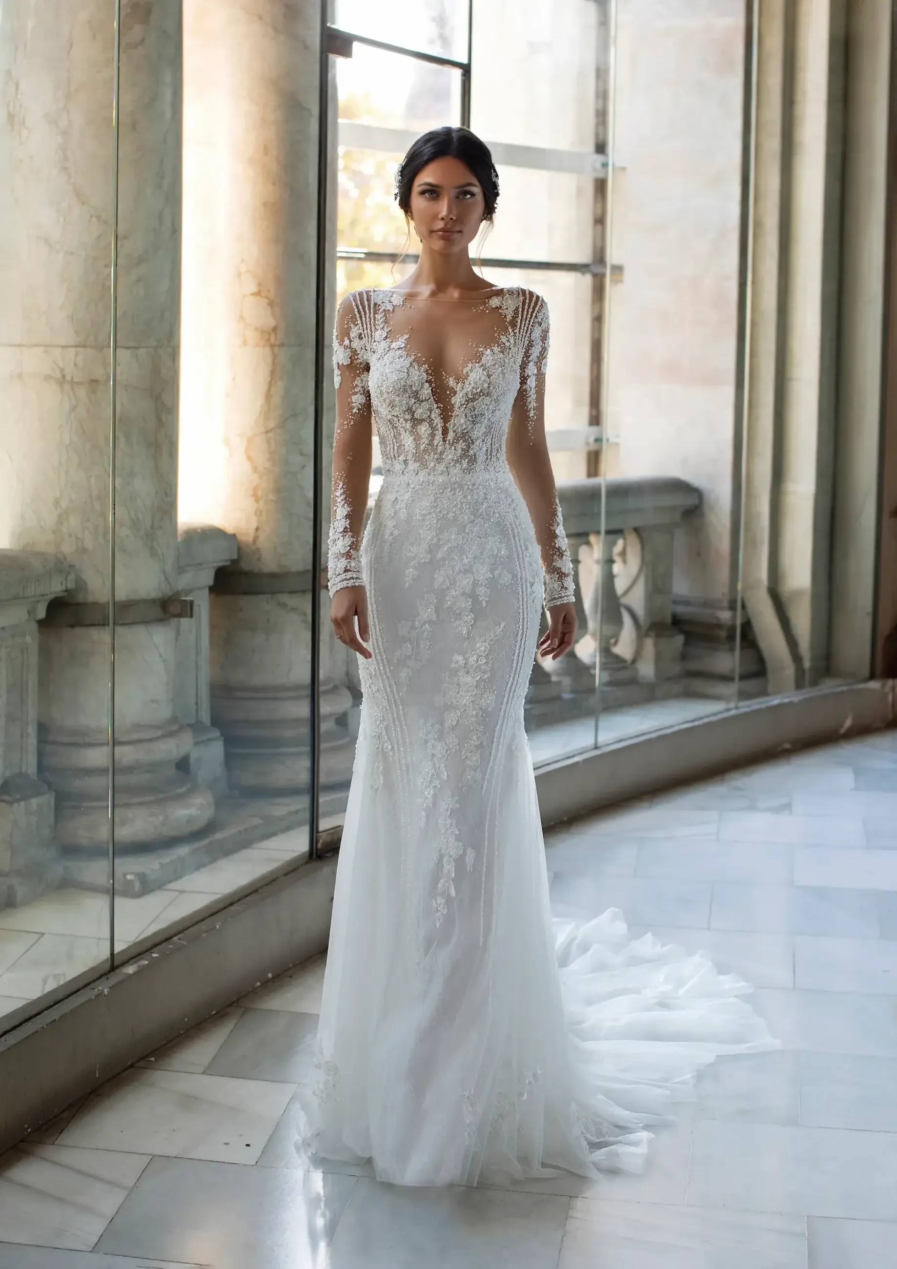 Model wearing a designer dress