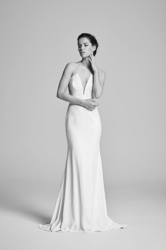 Model wearing a designer dress