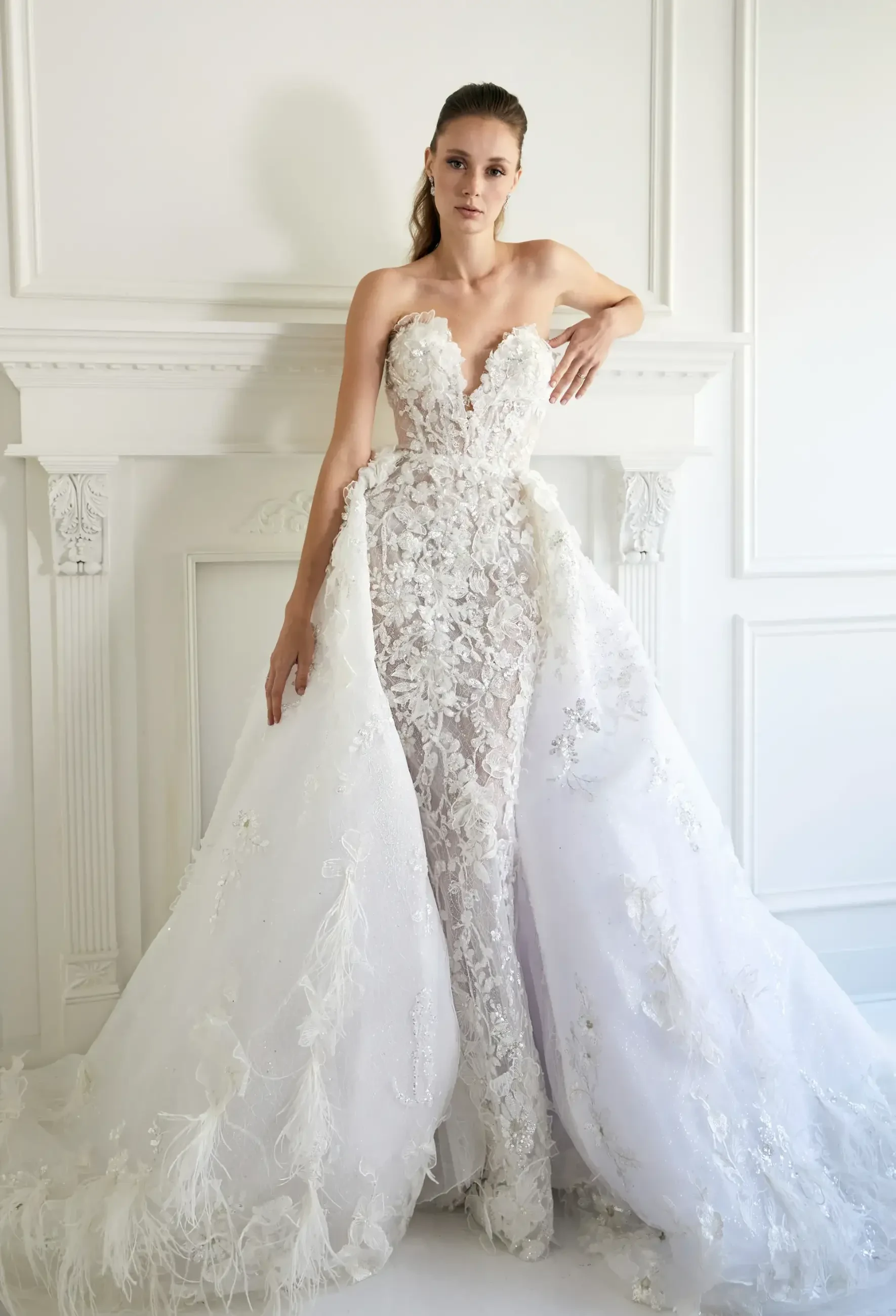 Model wearing a designer dress