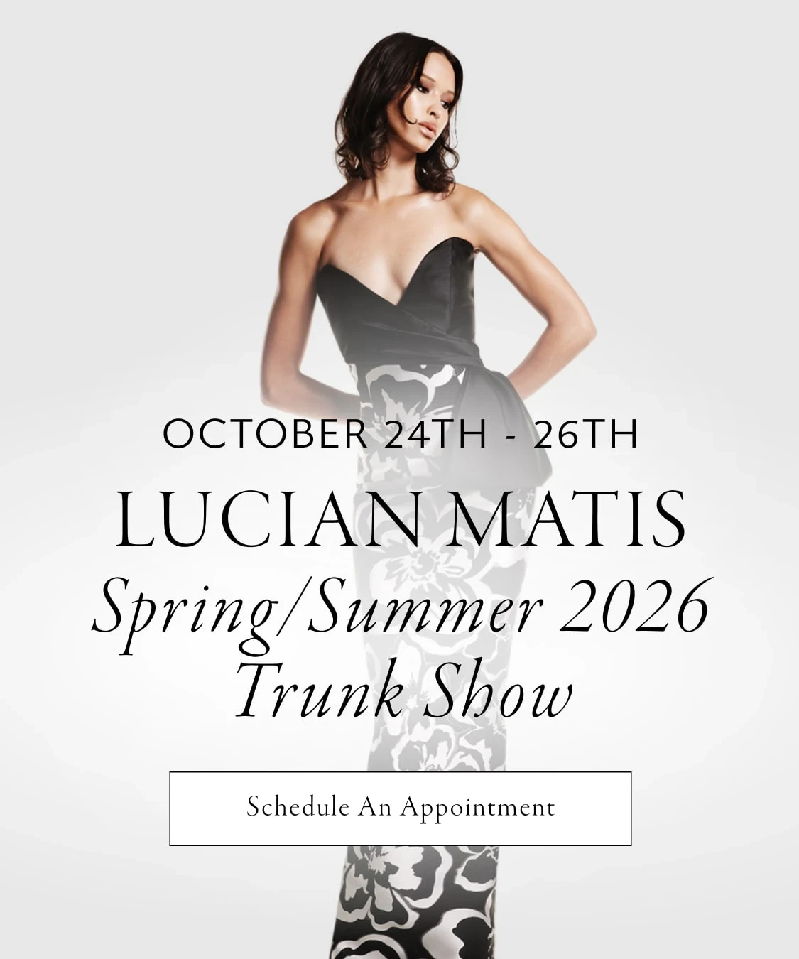Model wearing Lucian Matis gown, event mobile banner