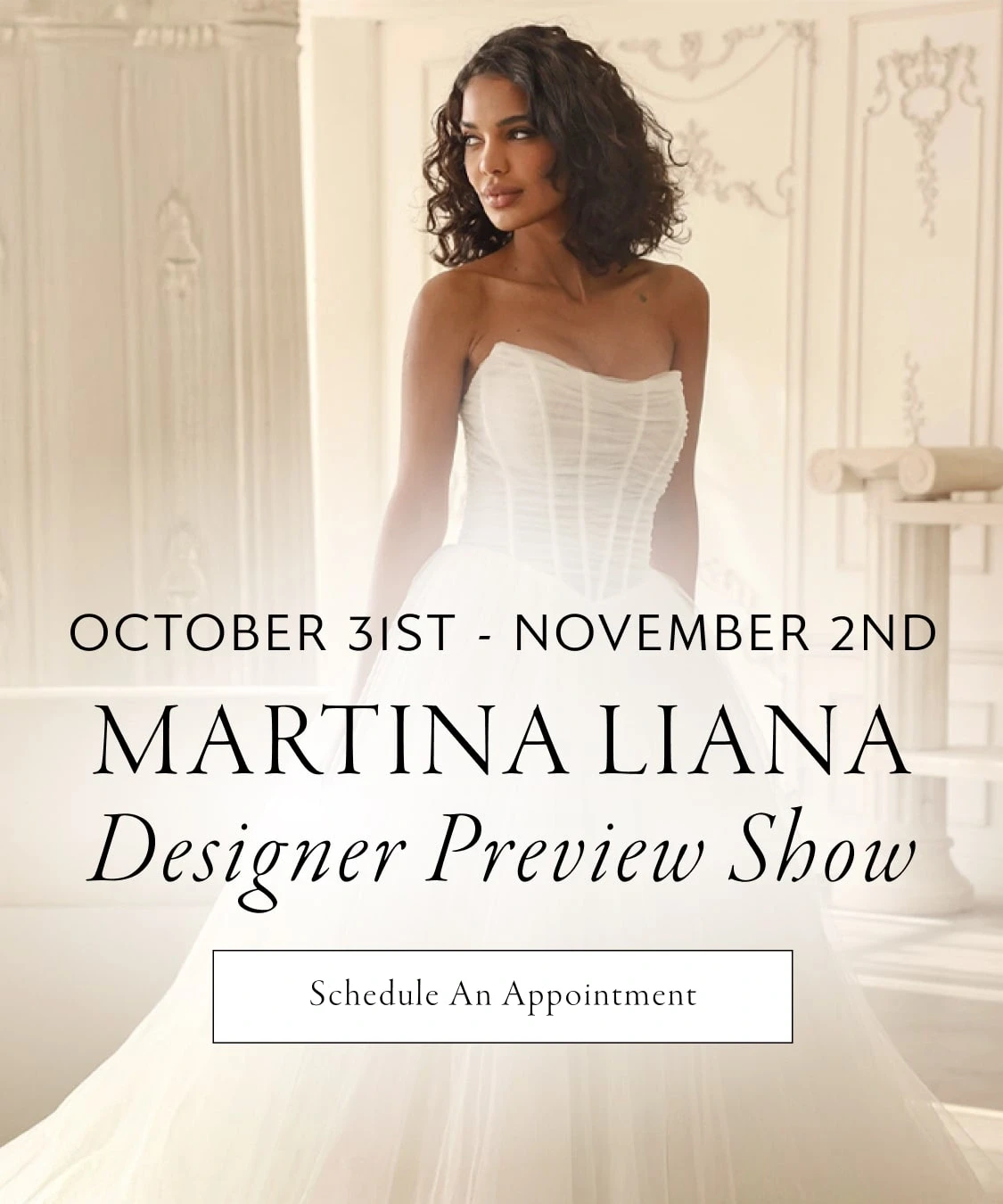 Martina Liana Designer Preview Show, Model wearing Martina Liana bridal gown, mobile banner