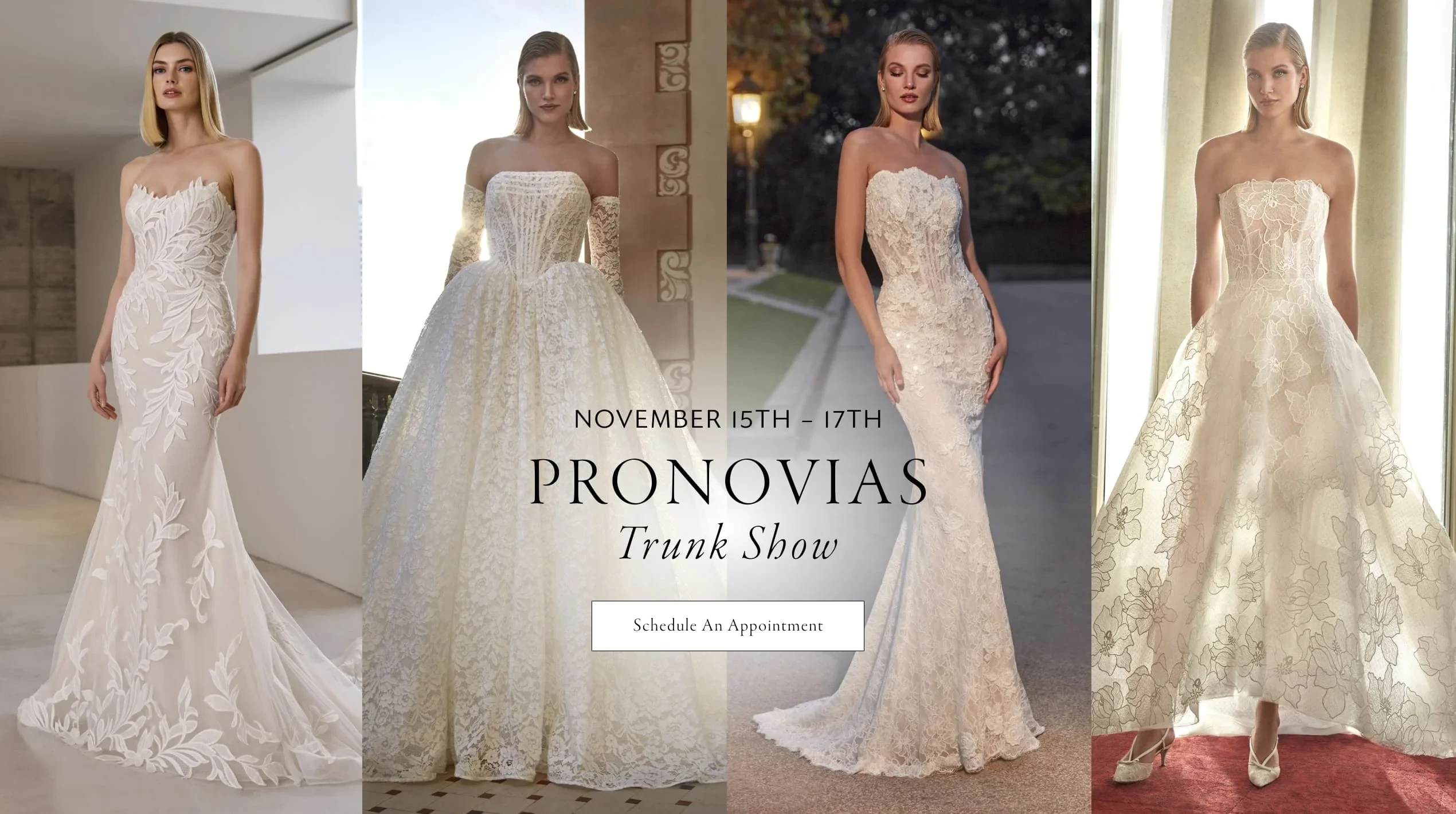 Models wearing Pronovias Yonne, Beatrice, Geramy and Debie bridal gowns, desktop banner