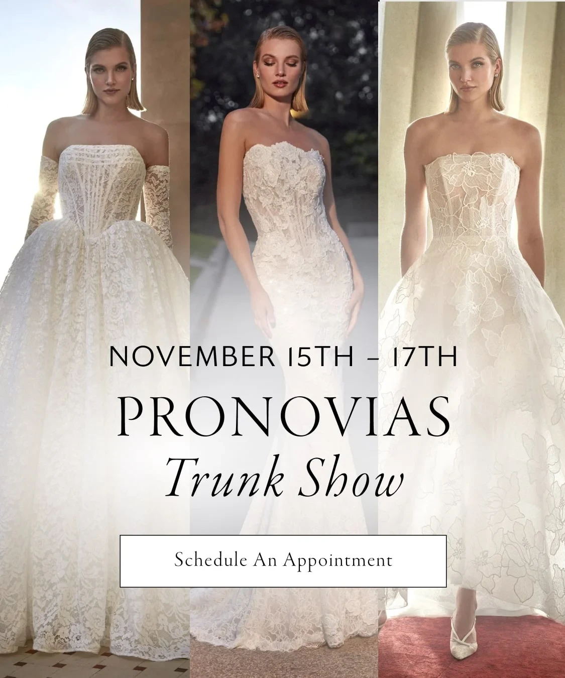 Models wearing Pronovias Yonne, Beatrice, and Geramy bridal gowns, mobile banner